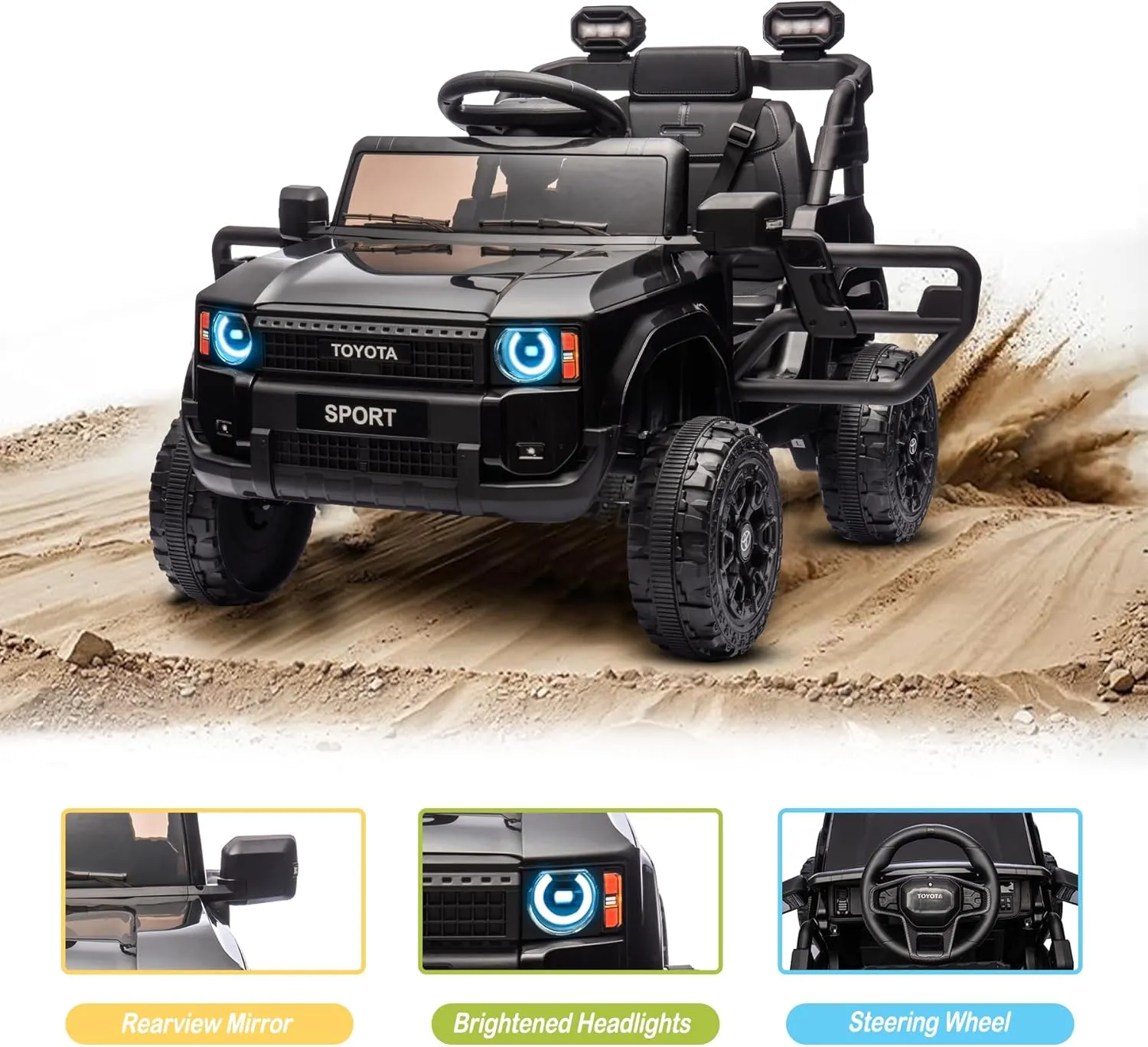 12V Kids Ride on Truck, Licensed Land Cruiser Battery Powered Motorized Electric Vehicle with Parent Remote Control, Spring Suspension, Safety Belt, Soft Start, LED Light, Black