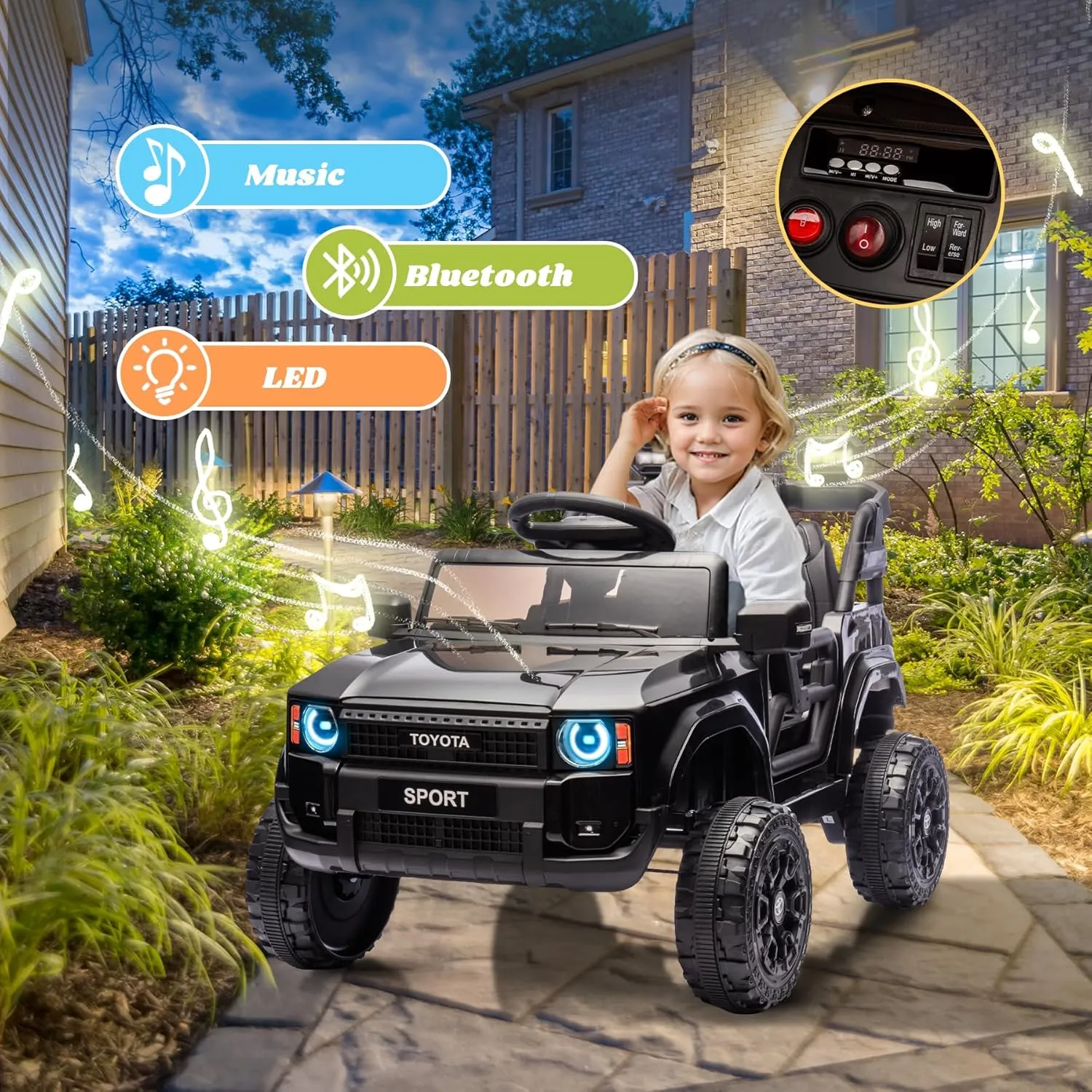 12V Kids Ride on Truck, Licensed Land Cruiser Battery Powered Motorized Electric Vehicle with Parent Remote Control, Spring Suspension, Safety Belt, Soft Start, LED Light, Black