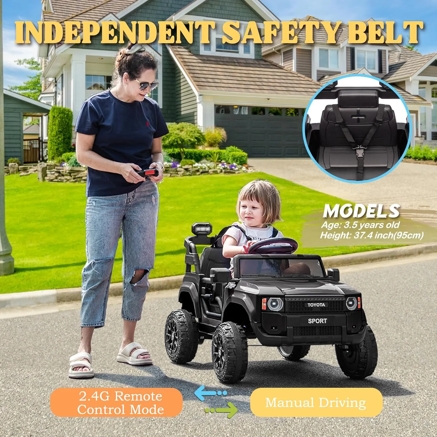 12V Kids Ride on Truck, Licensed Land Cruiser Battery Powered Motorized Electric Vehicle with Parent Remote Control, Spring Suspension, Safety Belt, Soft Start, LED Light, Black