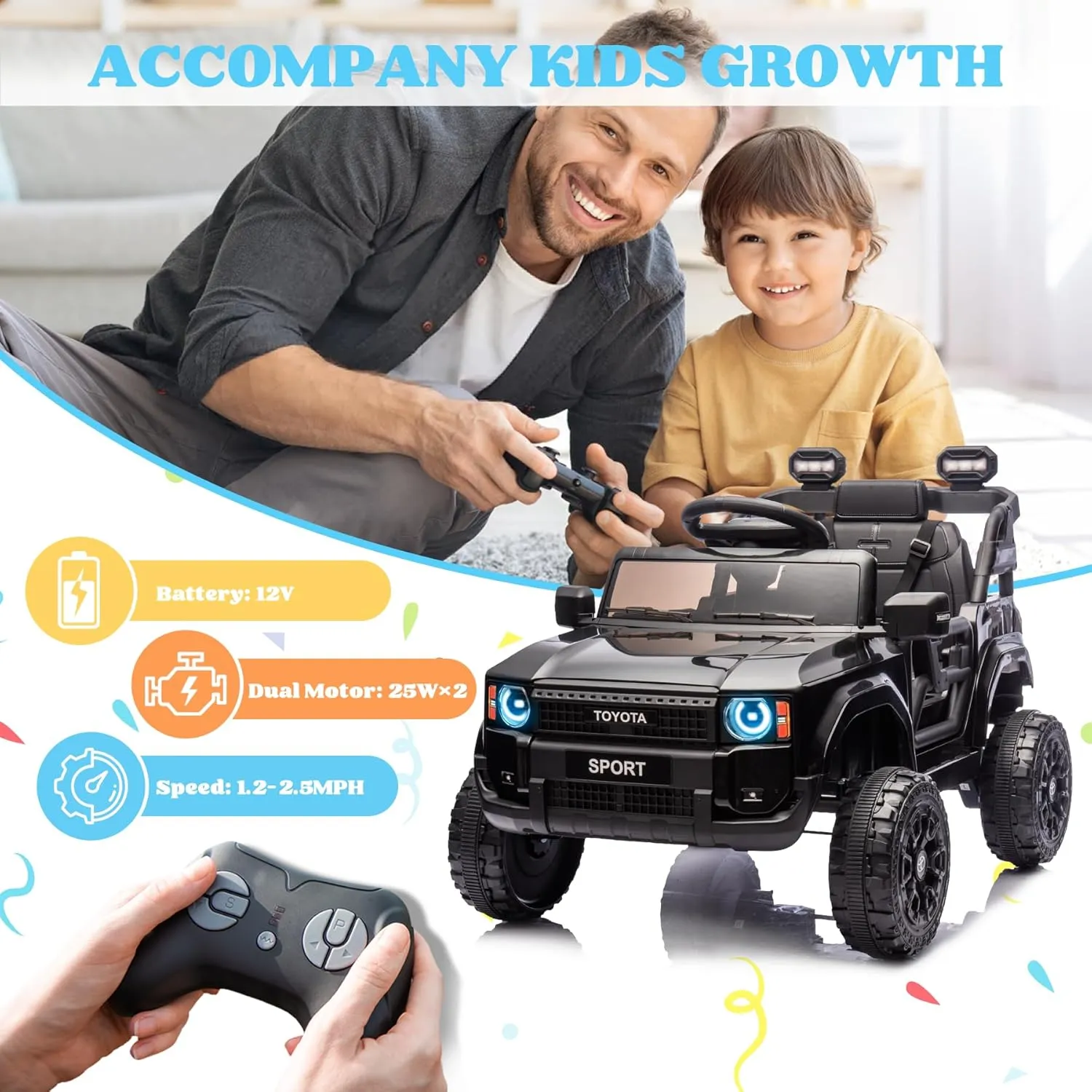 12V Kids Ride on Truck, Licensed Land Cruiser Battery Powered Motorized Electric Vehicle with Parent Remote Control, Spring Suspension, Safety Belt, Soft Start, LED Light, Black
