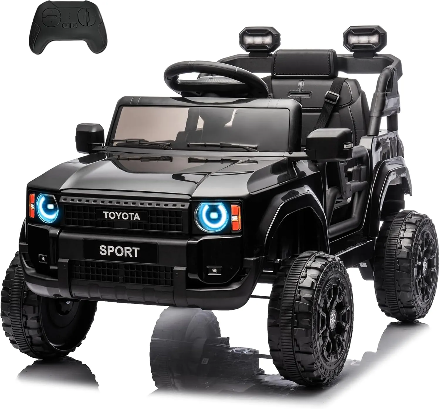 12V Kids Ride on Truck, Licensed Land Cruiser Battery Powered Motorized Electric Vehicle with Parent Remote Control, Spring Suspension, Safety Belt, Soft Start, LED Light, Black
