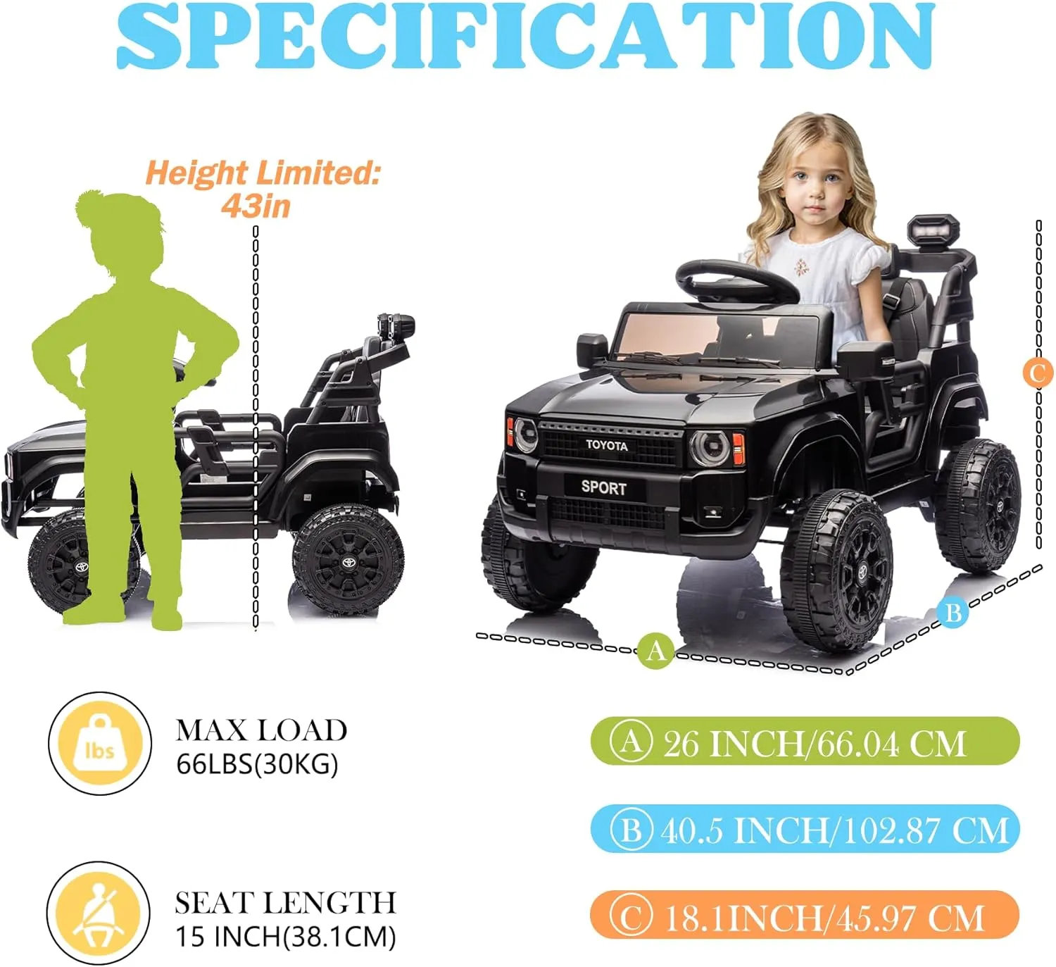 12V Kids Ride on Truck, Licensed Land Cruiser Battery Powered Motorized Electric Vehicle with Parent Remote Control, Spring Suspension, Safety Belt, Soft Start, LED Light, Black