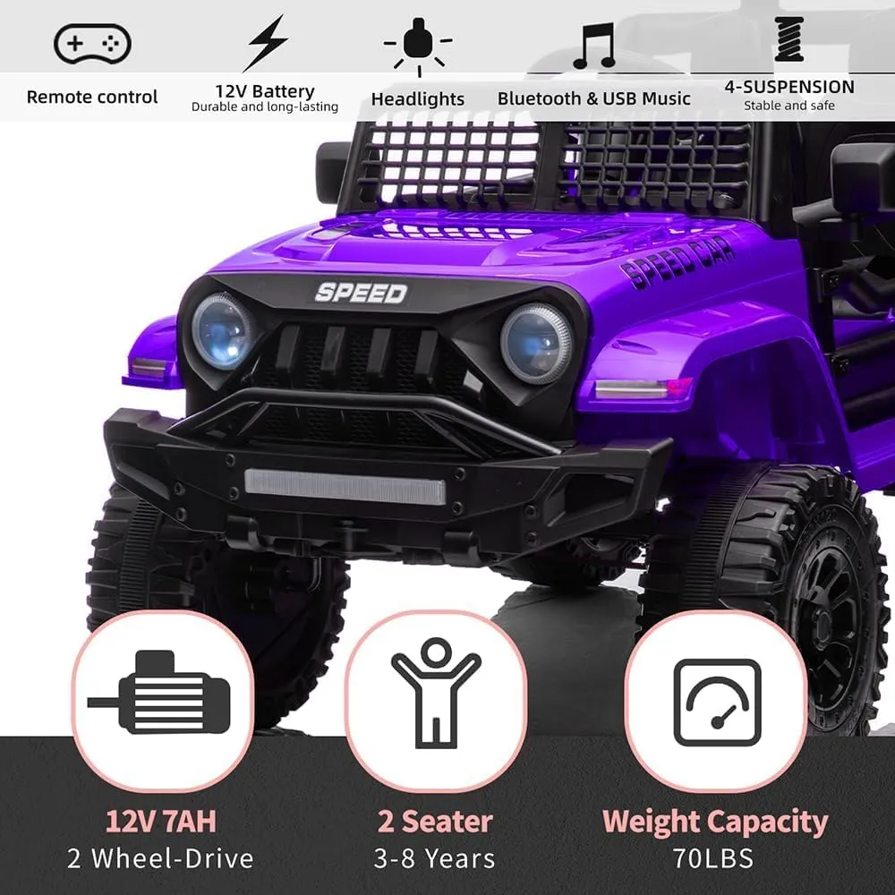 12V Ride On Car, Electric Cars for Kids Car, Ride on Toys w/3 Speeds Adjustable Equipped with Music, Parent Remote Control, Spring Suspension, AUX Port Gifts for Kids-Purple