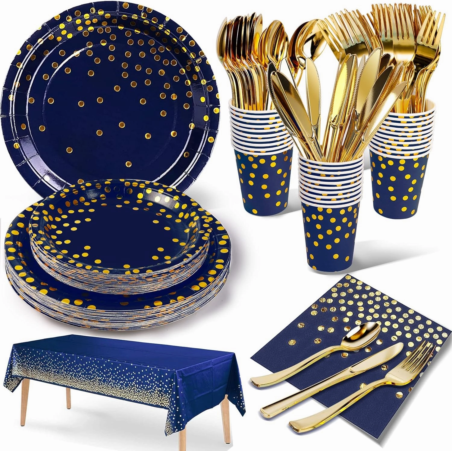 141 Pieces Navy Blue Gold Party Supplies, Party Dinnerware Sets Include Paper Plates Napkins Cups Silverware, for Wedding Bridal Shower Engagement Birthday Parties Decoration -20 Serves