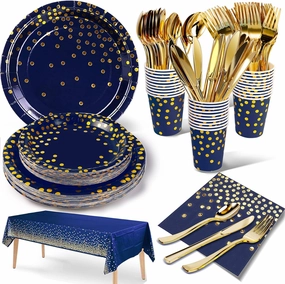 141 Pieces Navy Blue Gold Party Supplies, Party Dinnerware Sets Include Paper Plates Napkins Cups Silverware, for Wedding Bridal Shower Engagement Birthday Parties Decoration -20 Serves