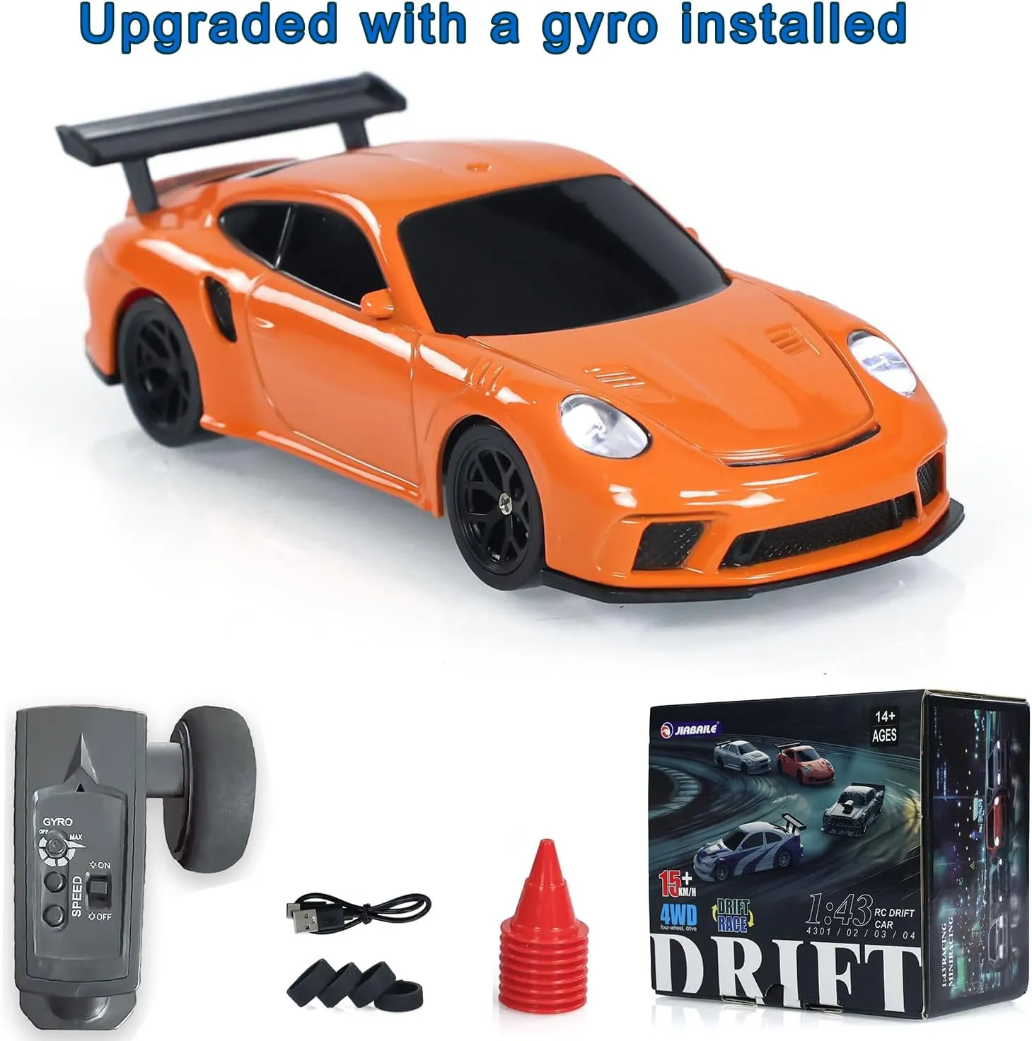 1/43 Scale RC Drift Race Vehicle Gyro 4WD R34 Mini Racing Car Ready to Go Mini Remote Control Car High Speed Model for Collection Hobby Gift Boys(Orange)