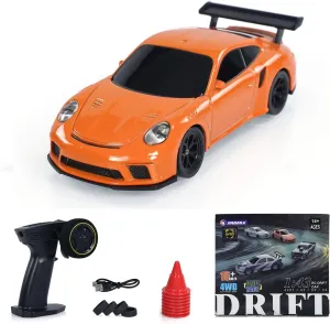 1/43 Scale RC Drift Race Vehicle Gyro 4WD R34 Mini Racing Car Ready to Go Mini Remote Control Car High Speed Model for Collection Hobby Gift Boys(Orange)