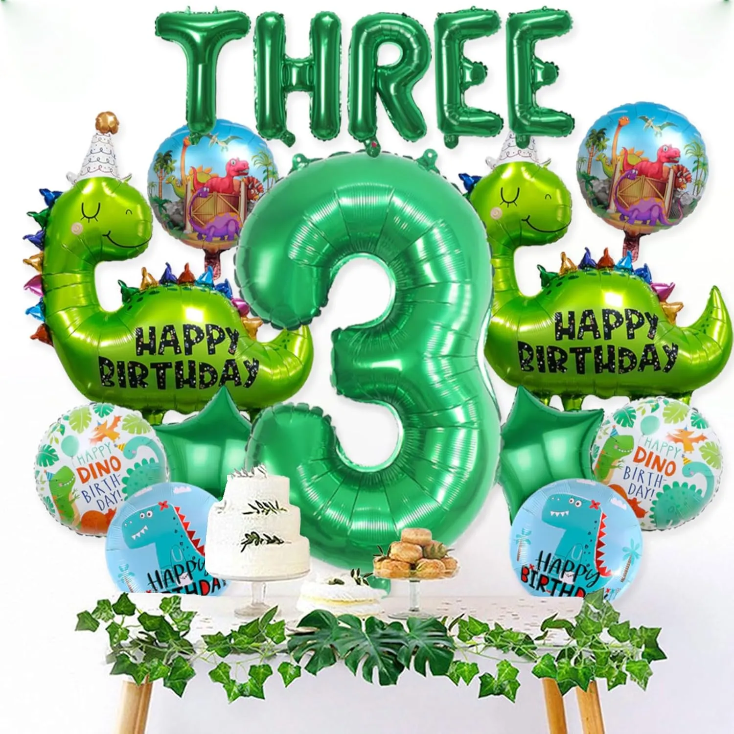 14Pcs Dinosaur Balloons - Birthday Decorations Big Cute Dino Party Decor Baby Shower Aluminum Foil Balloon Number 3 Mylar Balloon for Themed Party Boys Girls Birthday Decor