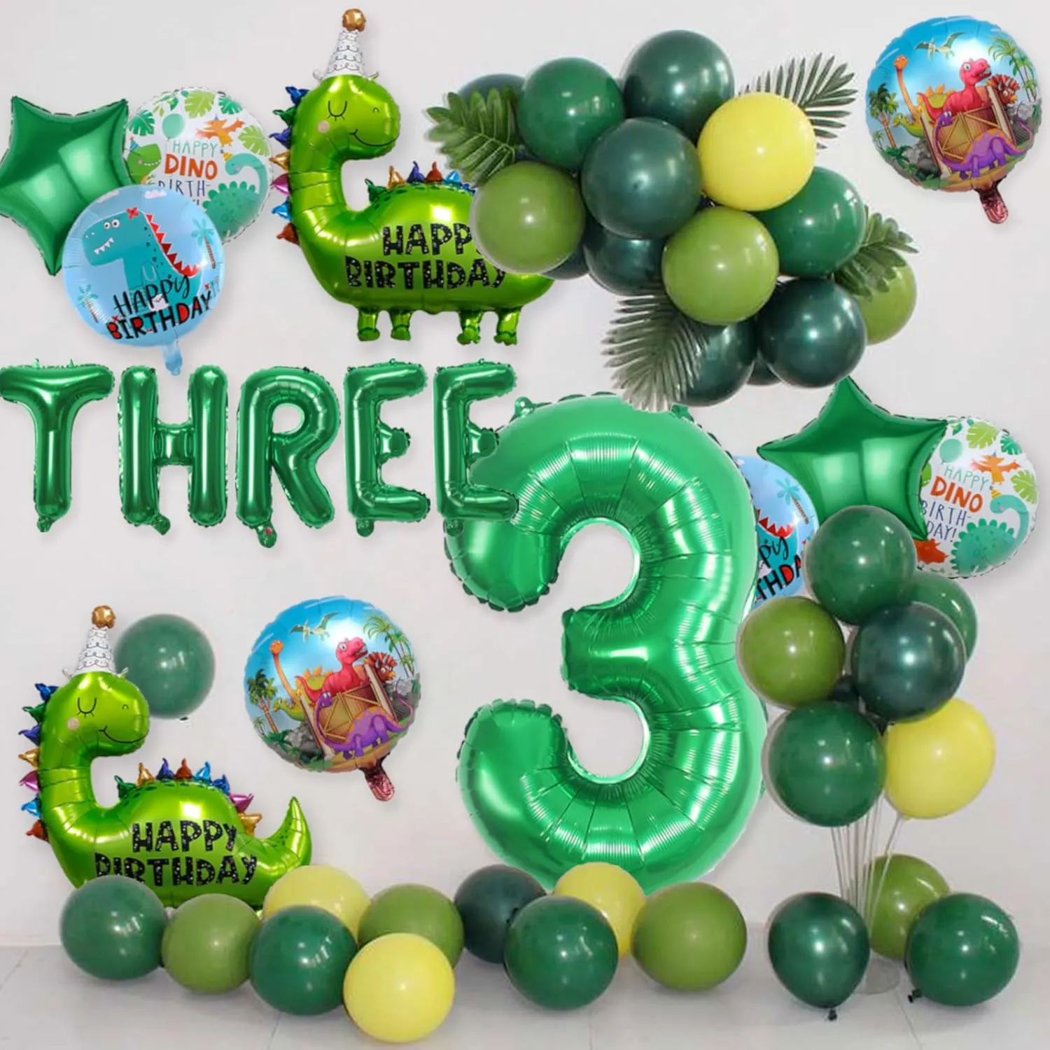 14Pcs Dinosaur Balloons - Birthday Decorations Big Cute Dino Party Decor Baby Shower Aluminum Foil Balloon Number 3 Mylar Balloon for Themed Party Boys Girls Birthday Decor