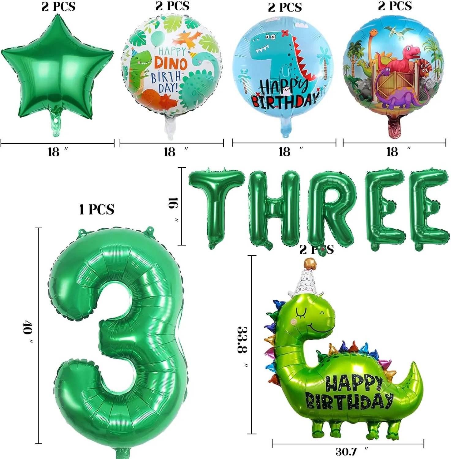 14Pcs Dinosaur Balloons - Birthday Decorations Big Cute Dino Party Decor Baby Shower Aluminum Foil Balloon Number 3 Mylar Balloon for Themed Party Boys Girls Birthday Decor