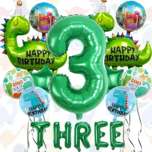 14Pcs Dinosaur Balloons - Birthday Decorations Big Cute Dino Party Decor Baby Shower Aluminum Foil Balloon Number 3 Mylar Balloon for Themed Party Boys Girls Birthday Decor