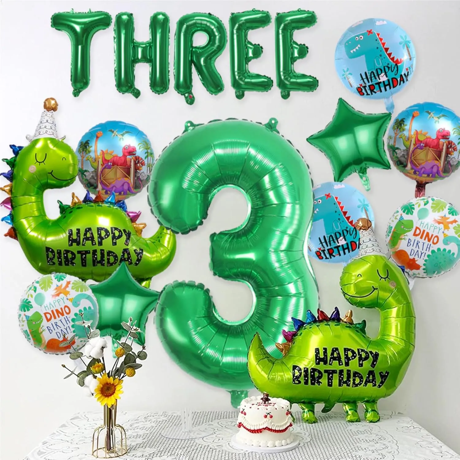 14Pcs Dinosaur Balloons - Birthday Decorations Big Cute Dino Party Decor Baby Shower Aluminum Foil Balloon Number 3 Mylar Balloon for Themed Party Boys Girls Birthday Decor