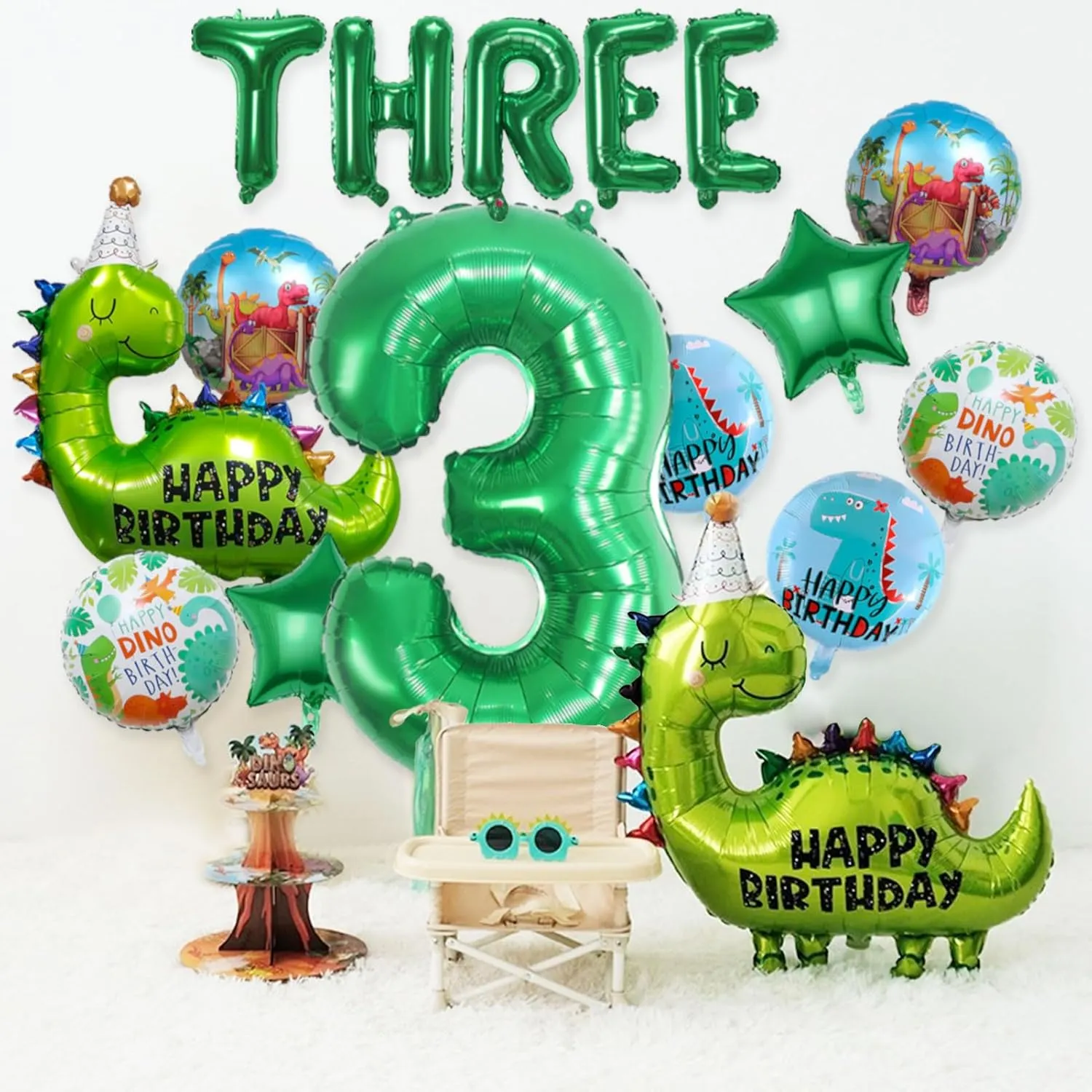 14Pcs Dinosaur Balloons - Birthday Decorations Big Cute Dino Party Decor Baby Shower Aluminum Foil Balloon Number 3 Mylar Balloon for Themed Party Boys Girls Birthday Decor