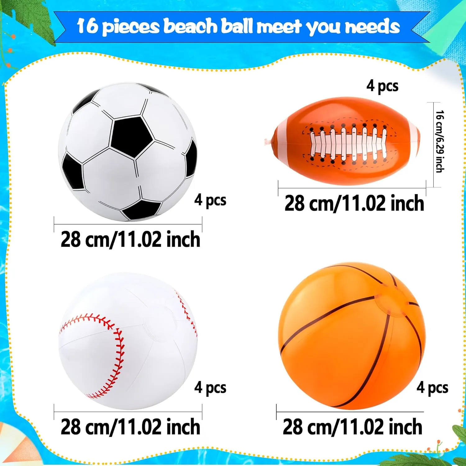 16 Pcs 16 Inch Inflatable Sports Beach Ball Inflatable Basketball Baseball Soccer Football Blow Up Beach Sports Ball for Sports Party Summer Toys