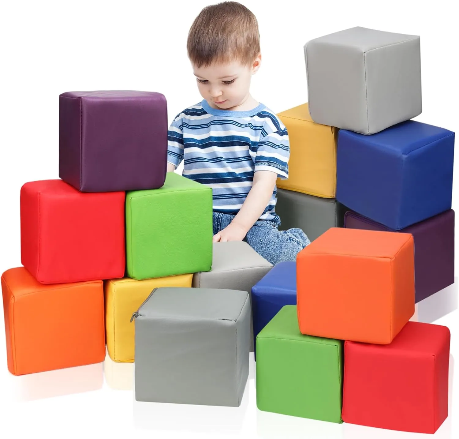 16 PCS Foam Blocks PU Leather Soft Building Play Soft Cubes for Kids Colourful Foam Stacking Blocks for Indoor or Outdoor Play-Set Preschool Learning