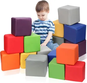 16 PCS Foam Blocks PU Leather Soft Building Play Soft Cubes for Kids Colourful Foam Stacking Blocks for Indoor or Outdoor Play-Set Preschool Learning