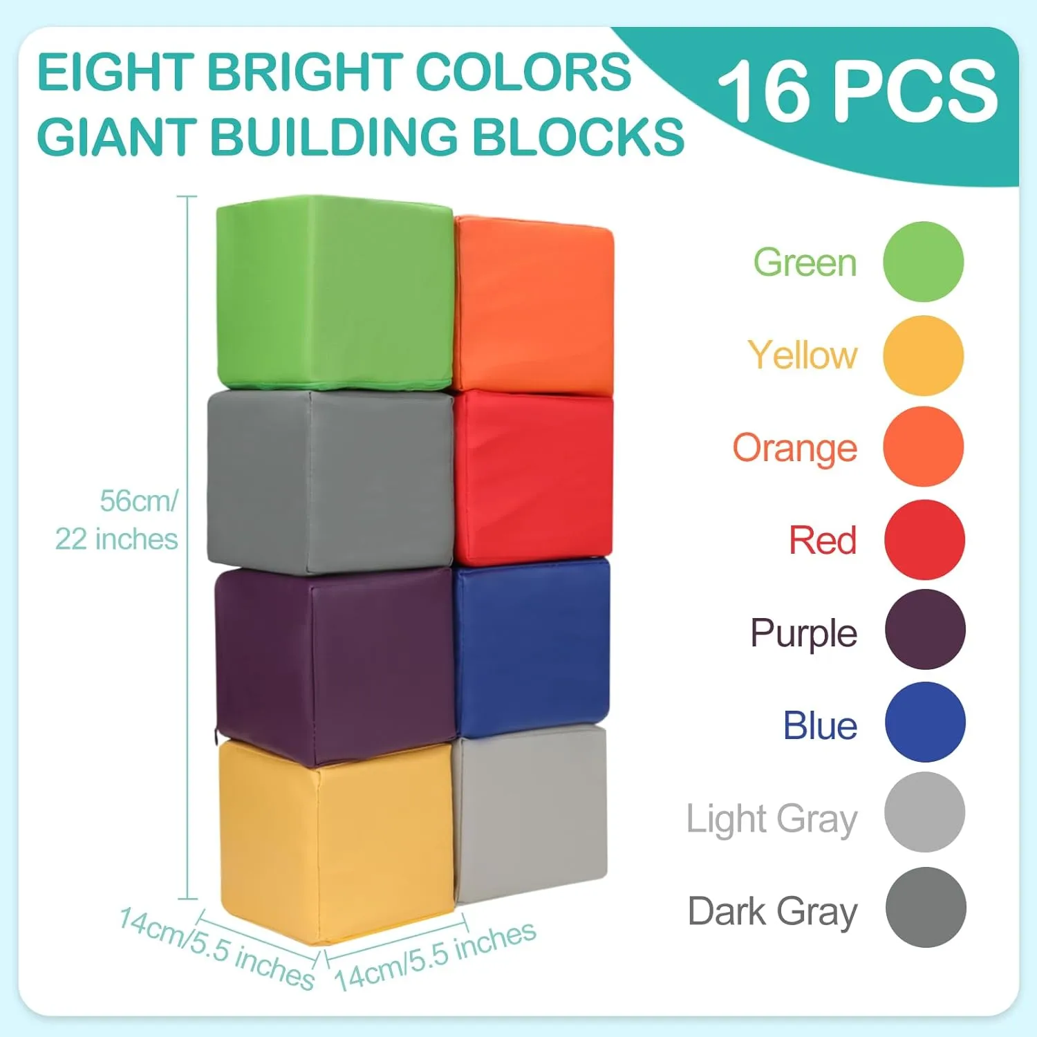 16 PCS Foam Blocks PU Leather Soft Building Play Soft Cubes for Kids Colourful Foam Stacking Blocks for Indoor or Outdoor Play-Set Preschool Learning