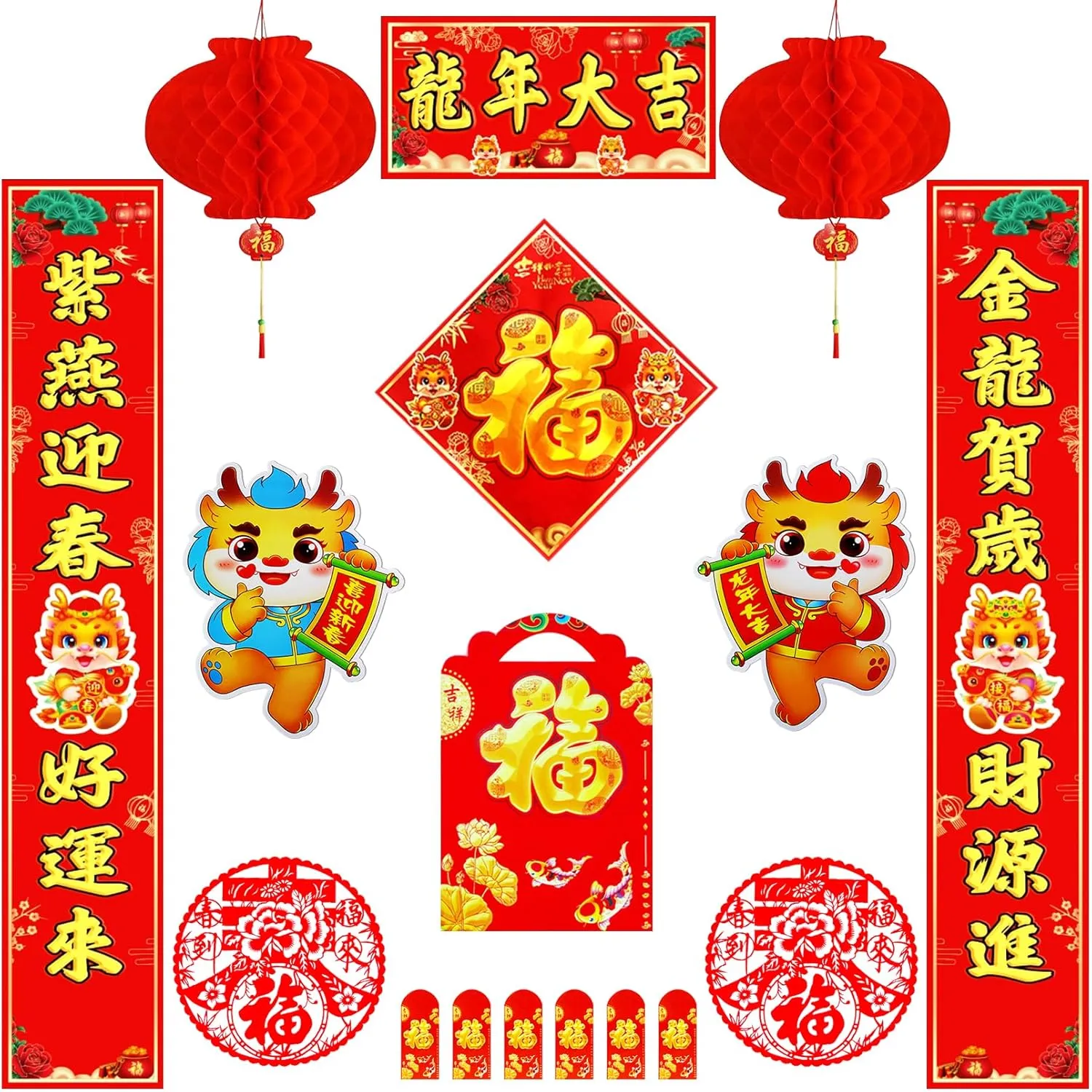 17Pcs Chinese New Year Decorations 2024, Chinese Couplets Set with Chunlian, Fu Character Ornament, Window Decals, Year of Dragon Door Sticker, Red Envelopes, Red Lanterns, for Spring Festival