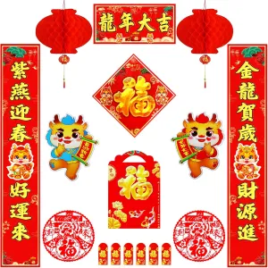 17Pcs Chinese New Year Decorations 2024, Chinese Couplets Set with Chunlian, Fu Character Ornament, Window Decals, Year of Dragon Door Sticker, Red Envelopes, Red Lanterns, for Spring Festival