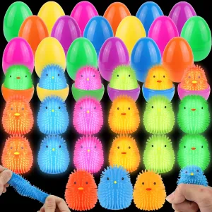 18 Pack Easter Eggs Fillers with LED Chick Puffer Balls,Light Up Stress Relief Fidget Toys Squeeze Balls for Easter Basket Stuffers Classroom Prizes Party Favors Gifts Easter Egg Hunt