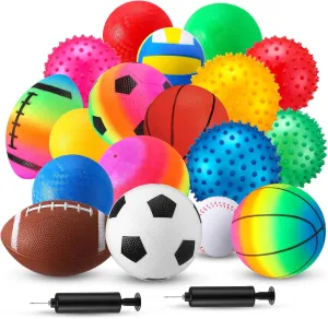 18 Pcs Sports Balls Set for Boy Girl Assorted Playground Rubber Toy Foam Bouncy Inflatable with Pumps for Indoor Outdoor Game Gifts