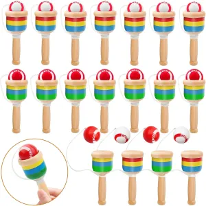 18 Pieces Wooden Catch Ball, Paddle Balls with String Cup and Ball Game, Mini Wooden Vintage Hand Eye Coordination Educational Toy for Kids Adults, Outdoor Camping Beach Party, White and Red