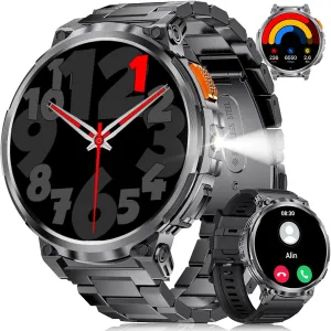 1.85" IPS Ultra Screen Smartwatch with LED Flashlight for Android iOS, 55mm Military Smart Watches for Men, IP68 Waterproof, Make/Answer Call, 24H Heart Rate, 730mAh, 100  Sports, Metal Strap