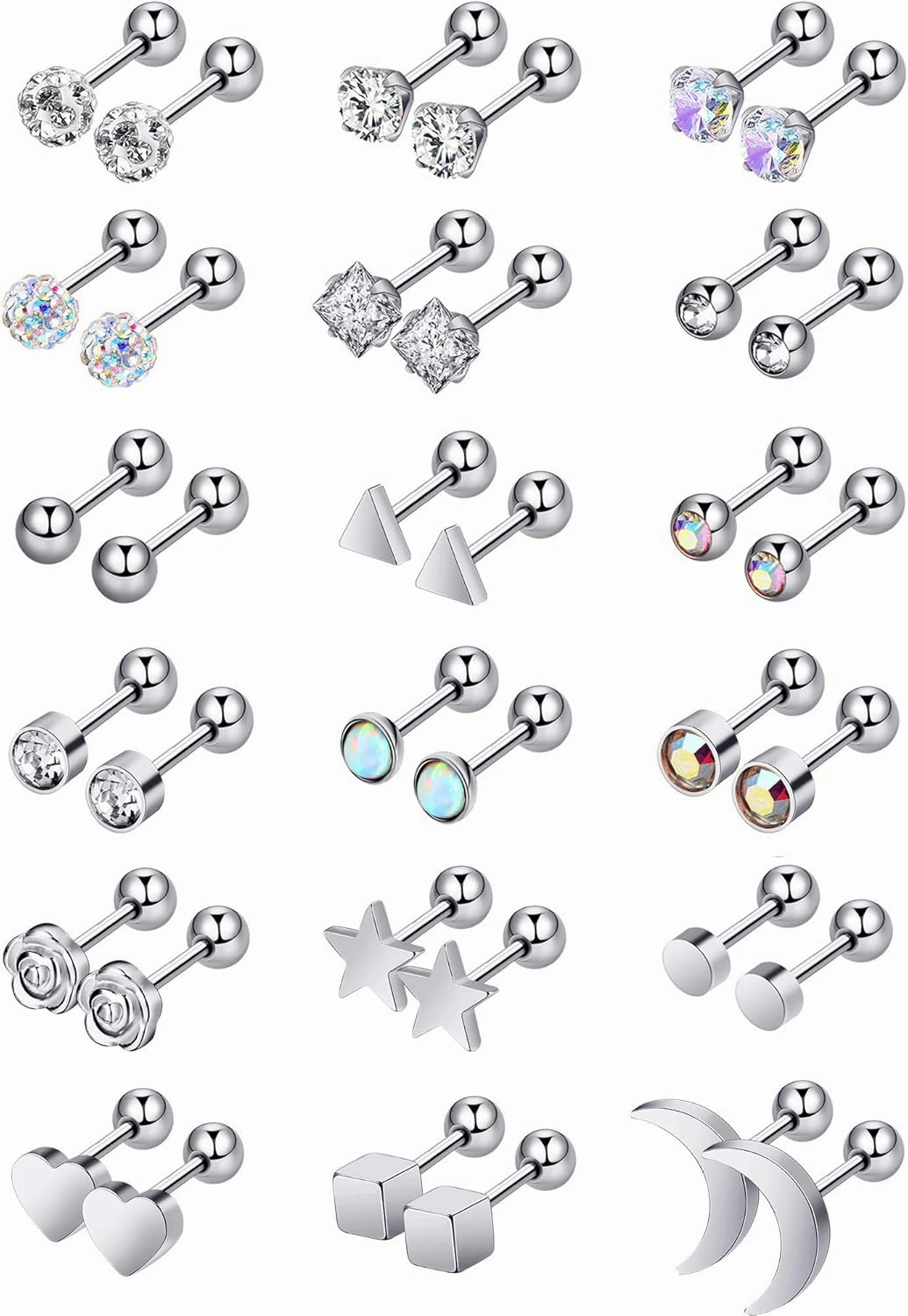 18 Pairs Stainless Steel Stud Earrings Solid Rhinestone Earring Cartilage Earrings Helix Ear Piercing Jewelry for Women Men (Steel Color, 18 G/ 1 mm with 4 mm Screw Ball)
