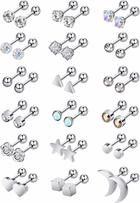 18 Pairs Stainless Steel Stud Earrings Solid Rhinestone Earring Cartilage Earrings Helix Ear Piercing Jewelry for Women Men (Steel Color, 18 G/ 1 mm with 4 mm Screw Ball)