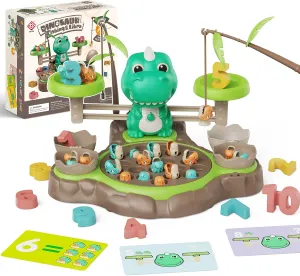 2 in 1 Dinosaur Magnetic Fishing & Balance Math Game, 21 Pcs Dinosaur Toys with 10 Interactive Math Cards, Math Learning Counting Toys, Pre-Educational Board Game for Ages 3-6 (Blue)