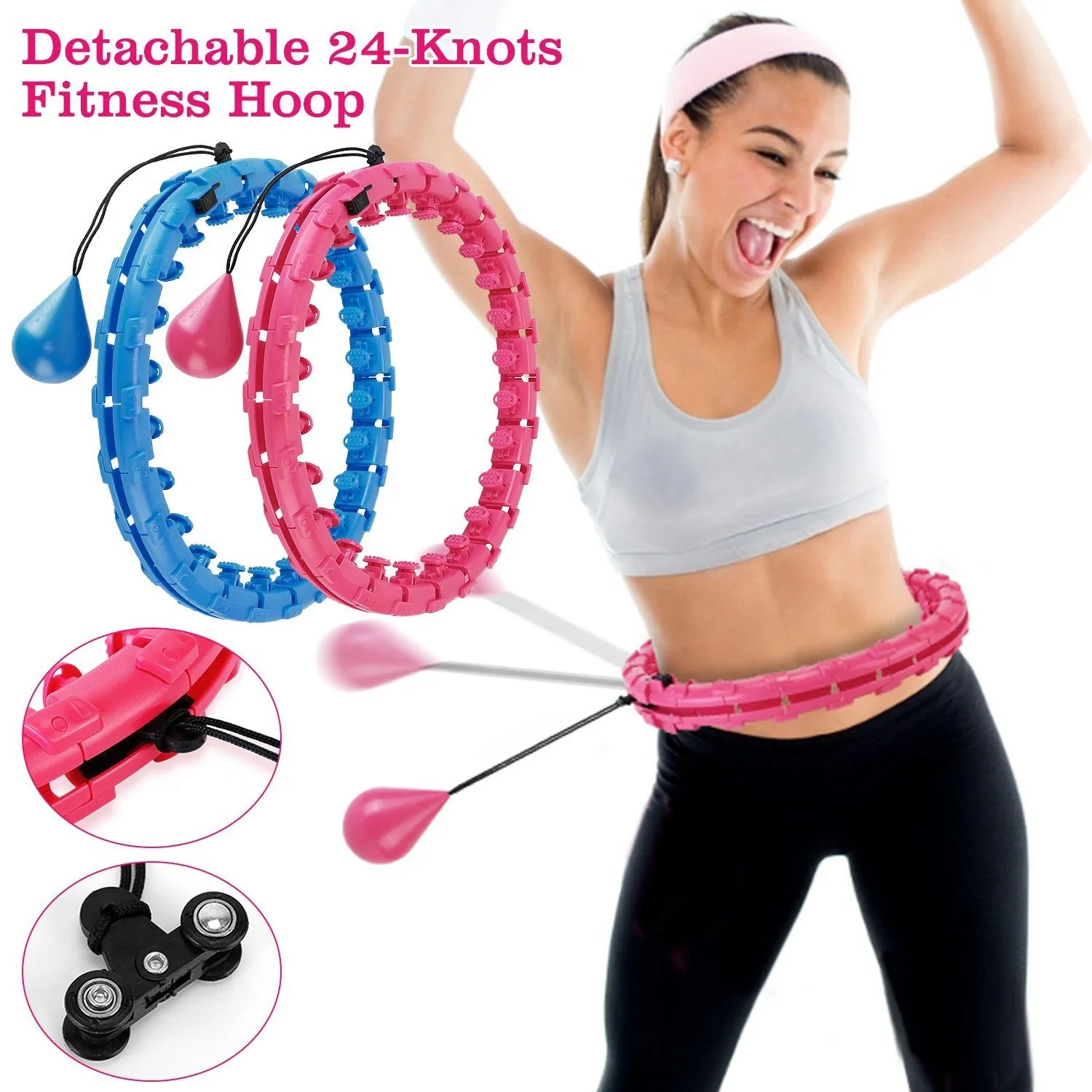 2-in-1 Fitness Hoop 24 Knots Abdomen Fitness Massage Hoops Weighted with 360 Auto Spinning Ball Detachable Knots