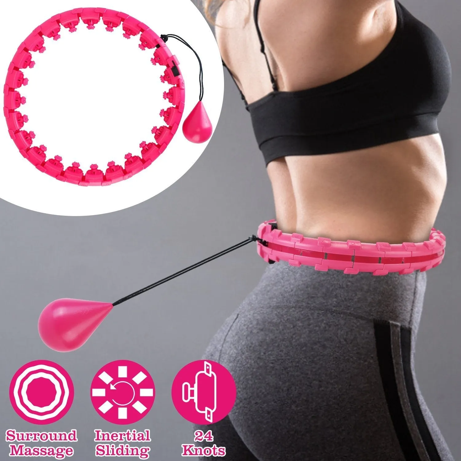 2-in-1 Fitness Hoop 24 Knots Abdomen Fitness Massage Hoops Weighted with 360 Auto Spinning Ball Detachable Knots