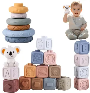2-in-1 Soft Stacking Building Blocks & Soft Infant Teething Toys,Montessori BabyToys for 6-18 Months,Learning Toys & Sensory Stacking Squeeze for Toddlers 6-12 Months