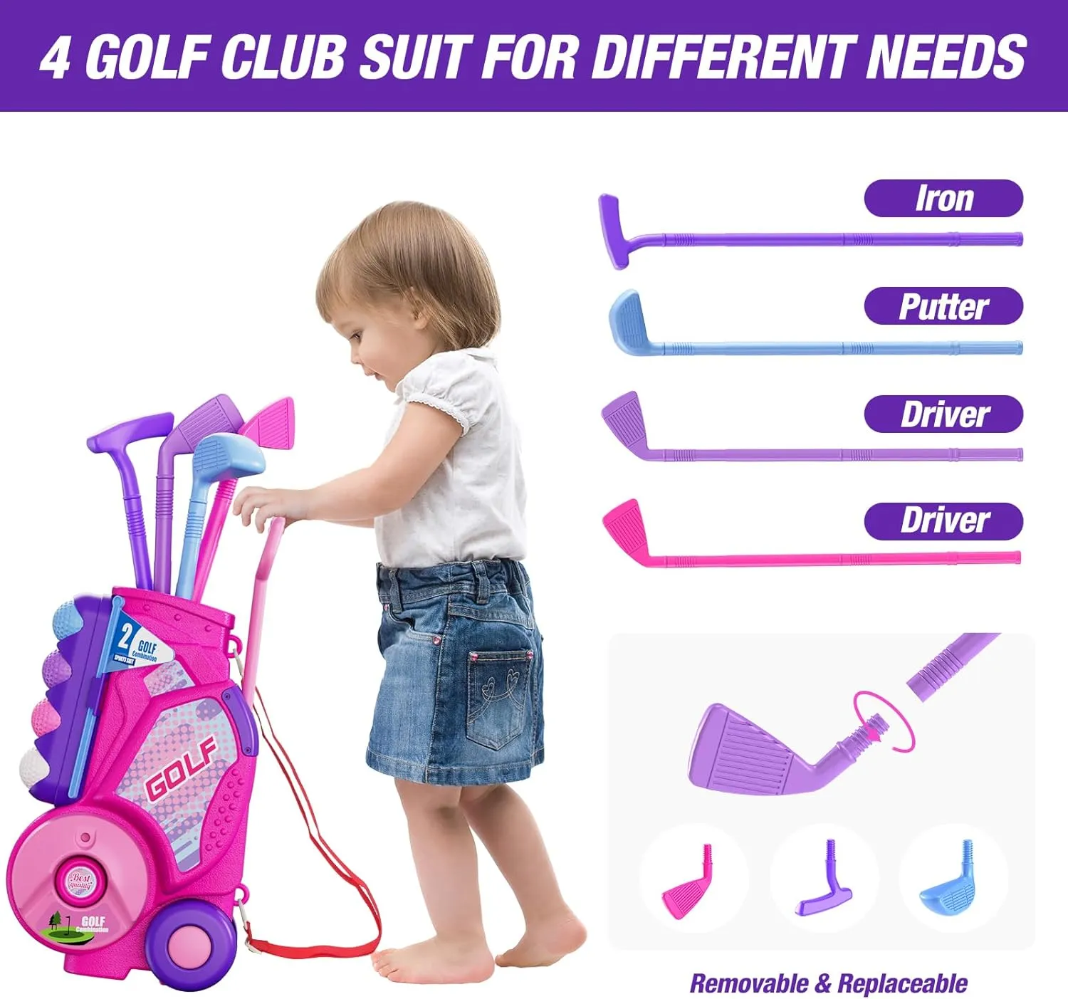 2 in 1 Toddler Golf Set, Upgraded Kids Golf Clubs with 12 Balls, Cornhole Board & Putting Mat, Shoulder Strap, Indoor Outdoor Sport Toys Gift for Boys Girls Aged 3-5 Years Old, Pink