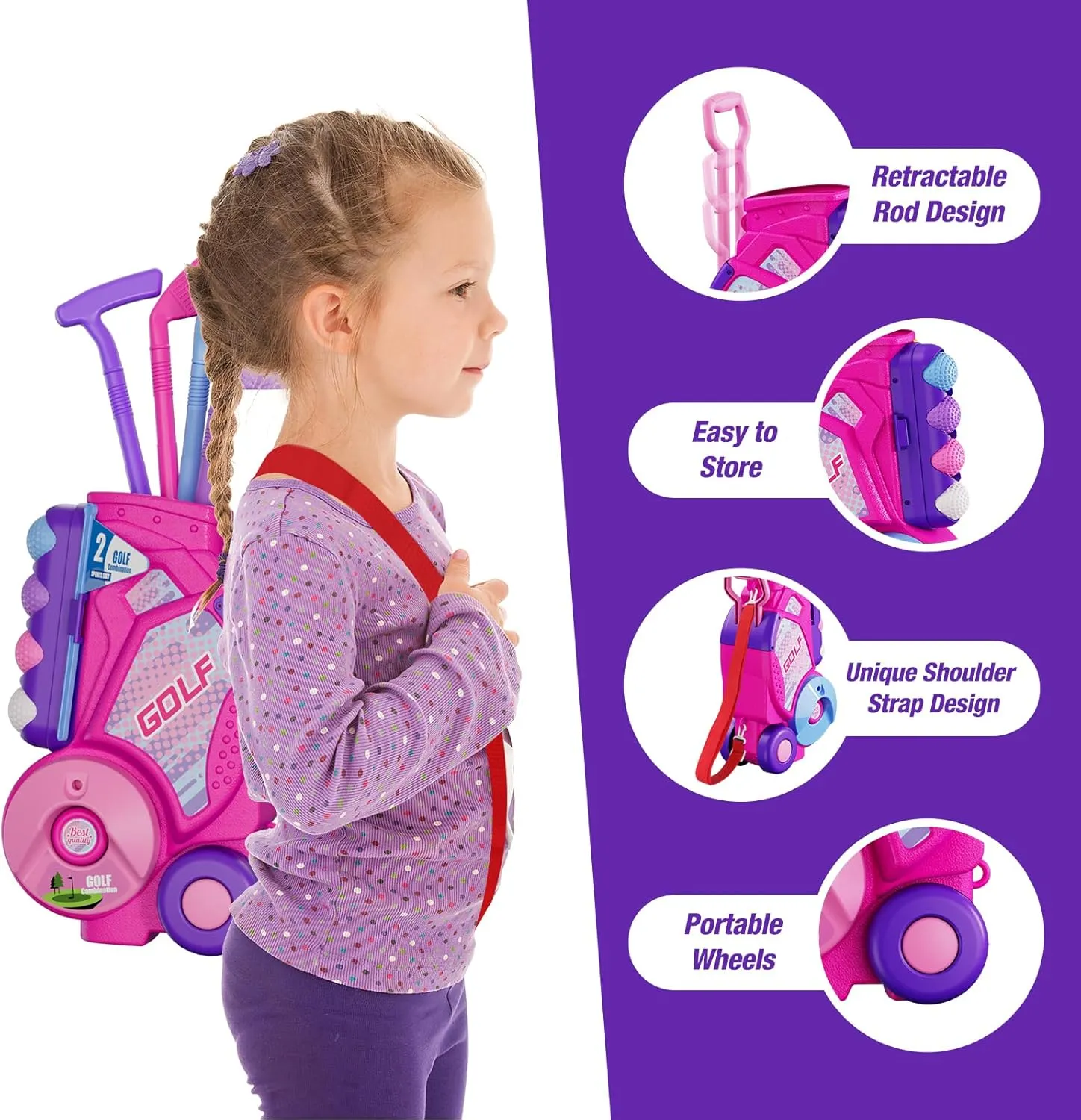 2 in 1 Toddler Golf Set, Upgraded Kids Golf Clubs with 12 Balls, Cornhole Board & Putting Mat, Shoulder Strap, Indoor Outdoor Sport Toys Gift for Boys Girls Aged 3-5 Years Old, Pink