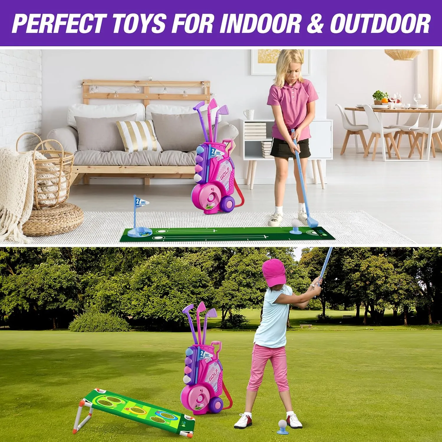 2 in 1 Toddler Golf Set, Upgraded Kids Golf Clubs with 12 Balls, Cornhole Board & Putting Mat, Shoulder Strap, Indoor Outdoor Sport Toys Gift for Boys Girls Aged 3-5 Years Old, Pink