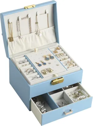☆2 Layer PU Leather Jewelry Box for Women - Jewelry Organizer- Jewelry Storage Case for Earrings Bracelets Rings Watches Necklace (Blue)