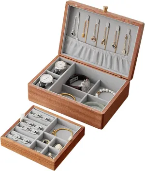 2 Layer Wooden Jewelry Box with Removable Tray for Women Men Vintage Wood Velvet Lining Jewelry Organizer Storage for Earrings Rings Necklaces Bracelet Watch Gift Case,B-Small(B,Small)
