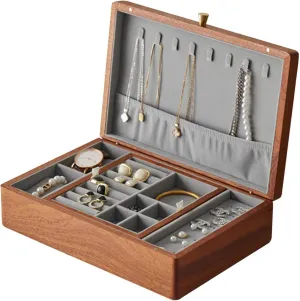 2 Layer Wooden Jewelry Box with Removable Tray for Women Men Vintage Wood Velvet Lining Jewelry Organizer Storage for Earrings Rings Necklaces Bracelet Watch Gift Case,B-Small(D,Large)