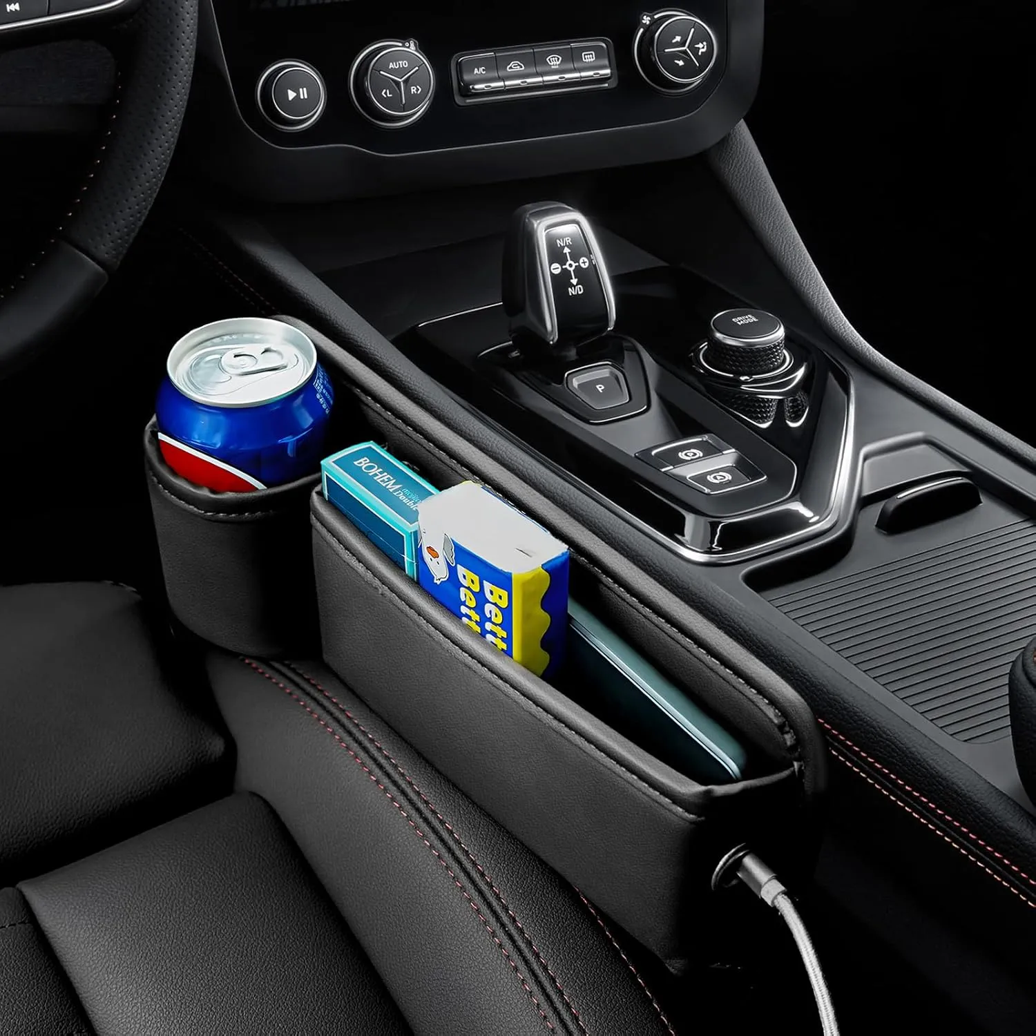2 Pack leather Car Seat Gap Filler Organizer, Car Cup Holder Gap Bag Universal Car Seam Filler, Adjustable Gap Filler for Phones, Keys (Black)