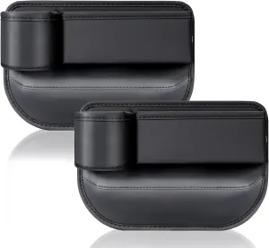 2 Pack leather Car Seat Gap Filler Organizer, Car Cup Holder Gap Bag Universal Car Seam Filler, Adjustable Gap Filler for Phones, Keys (Black)