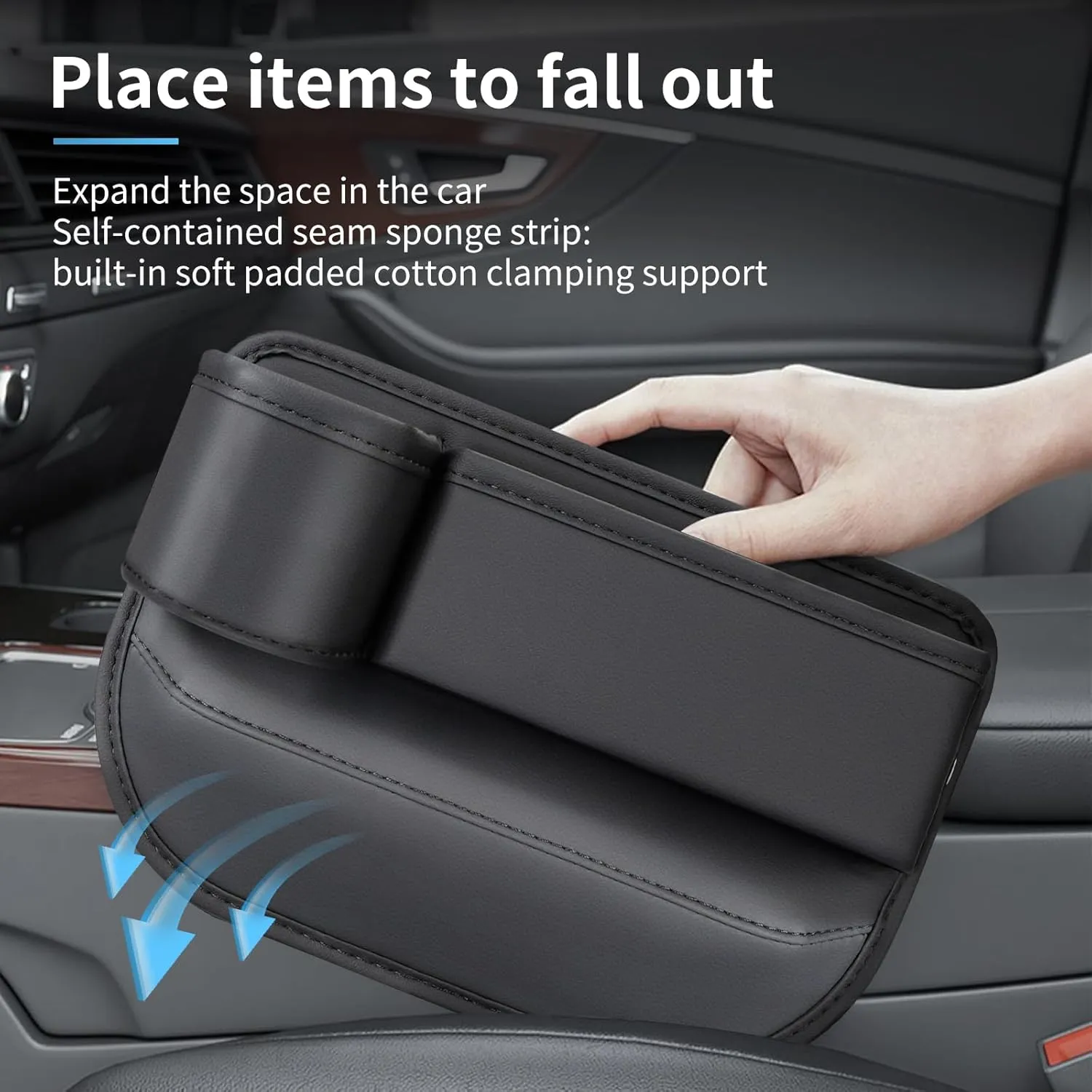 2 Pack leather Car Seat Gap Filler Organizer, Car Cup Holder Gap Bag Universal Car Seam Filler, Adjustable Gap Filler for Phones, Keys (Black)