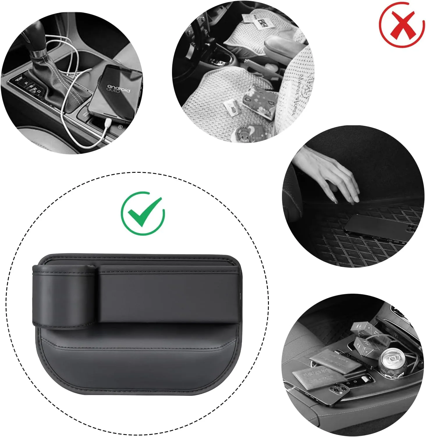 2 Pack leather Car Seat Gap Filler Organizer, Car Cup Holder Gap Bag Universal Car Seam Filler, Adjustable Gap Filler for Phones, Keys (Black)