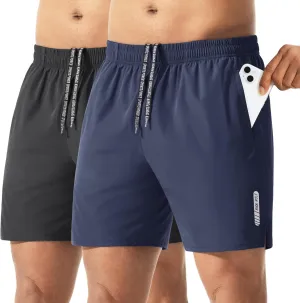 2 Pack Men's Athletic Running Shorts 5" Lightweight Quick Dry Gym Workout Shorts with Hidden Zipper Pocket