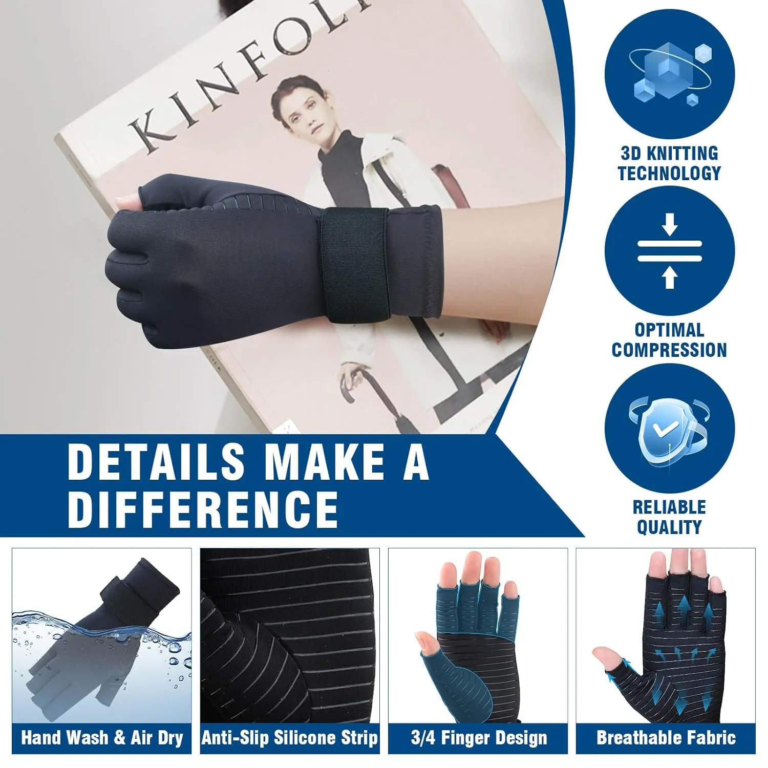 2 Pairs Pack Compression Gloves for Women Men, Copper Arthritis Gloves for Hand Pain Relief, Carpal Tunnel Wrist Support, Rheumatoid, Joint Swelling,Fingerless for Computer Typing(Small/Medium)