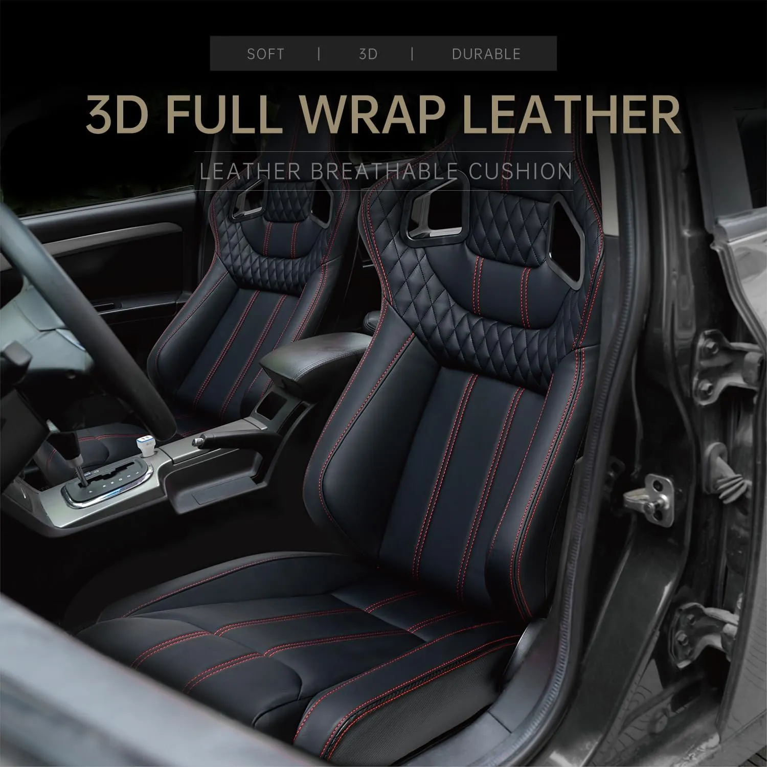 2 Pcs Adjustable Universal Racing Seats with Double Sliders, Reclinable Bucket Seats, 1 Pair of Sport Seats for Vehicles (Black C)