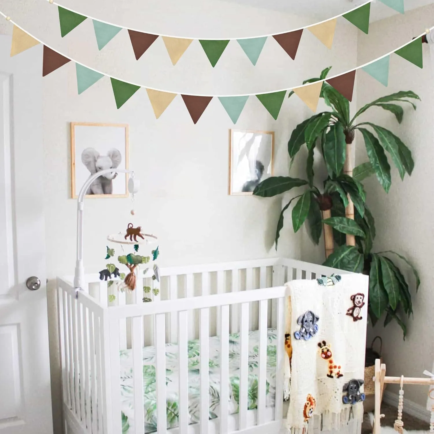 2 Sets of Green Brown Beige Pennant Banner 24Pcs Nursery Garland Flags Fabric Triangle Bunting Streamers for Kids Jungle Summer Woodland Camping Birthday Baby Shower Party Decorations Baby Room Decor