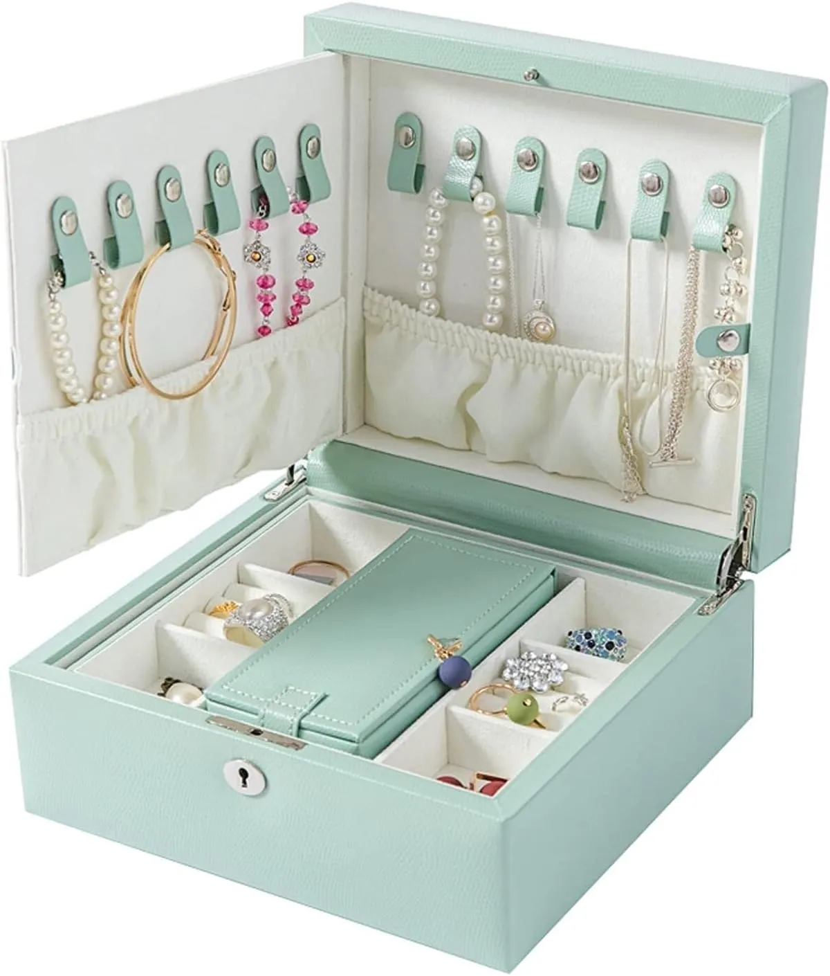2-Tier PU Leather Jewelry Organizer with Mirror & Lock, Large Capacity Jewelry Box for Earrings, Rings, Necklaces & Watches