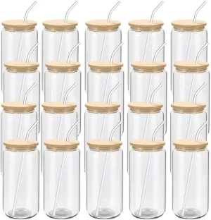 20 Pack Glass Cups with Bamboo Lids and Glass Straw 16oz Beer Can Shaped Drinking Glasses Cups, Glass Tumbler Reusable Cute Cups for Whiskey, Iced Coffee, Tea, Soda, Cocktail, Gift, Clear