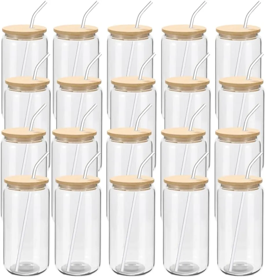 20 Pack Glass Cups with Bamboo Lids and Glass Straw 16oz Beer Can Shaped Drinking Glasses Cups, Glass Tumbler Reusable Cute Cups for Whiskey, Iced Coffee, Tea, Soda, Cocktail, Gift, Clear